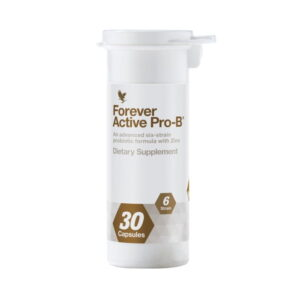 Verpakking van Forever Active Pro-B probiotica, ontworpen om de darmflora te herstellen na antibiotica, met 6 verschillende bacteriestammen