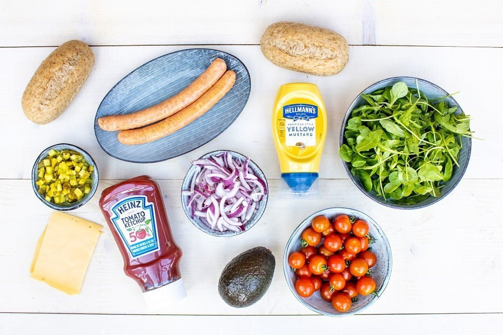 Gezond broodje hotdog ingredienten